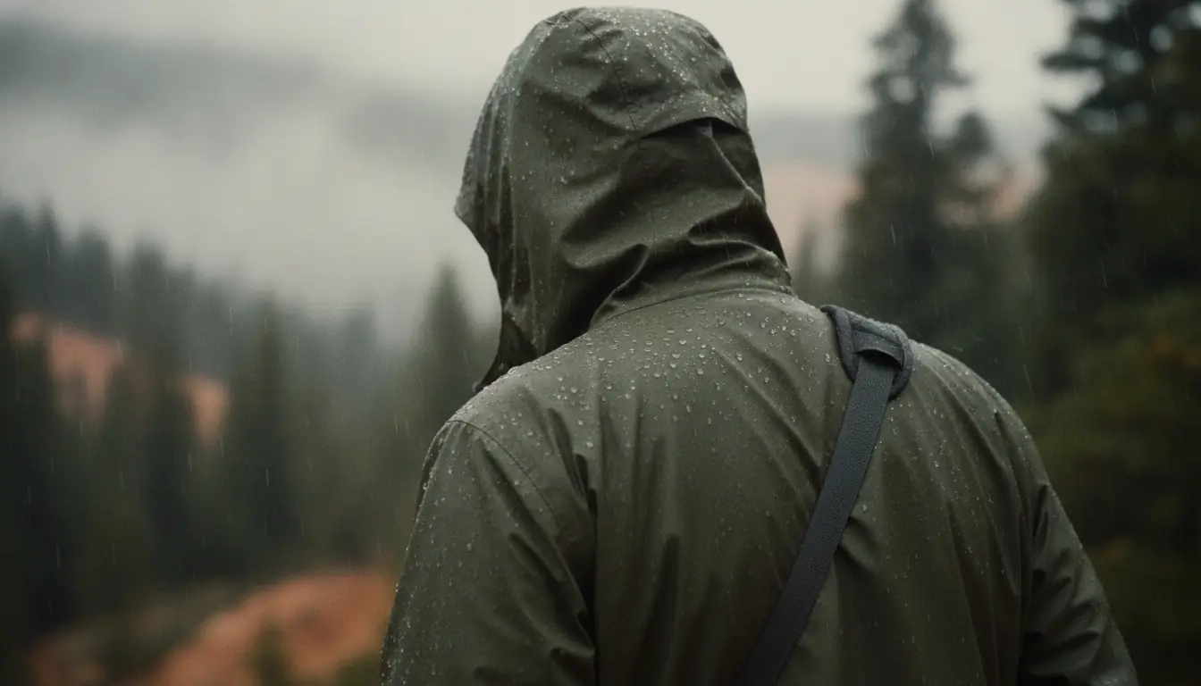 A hiker seen from behind in a hooded olive rain shell, water beaded across the fabric, walking in steady rain with wet conifers blurred behind