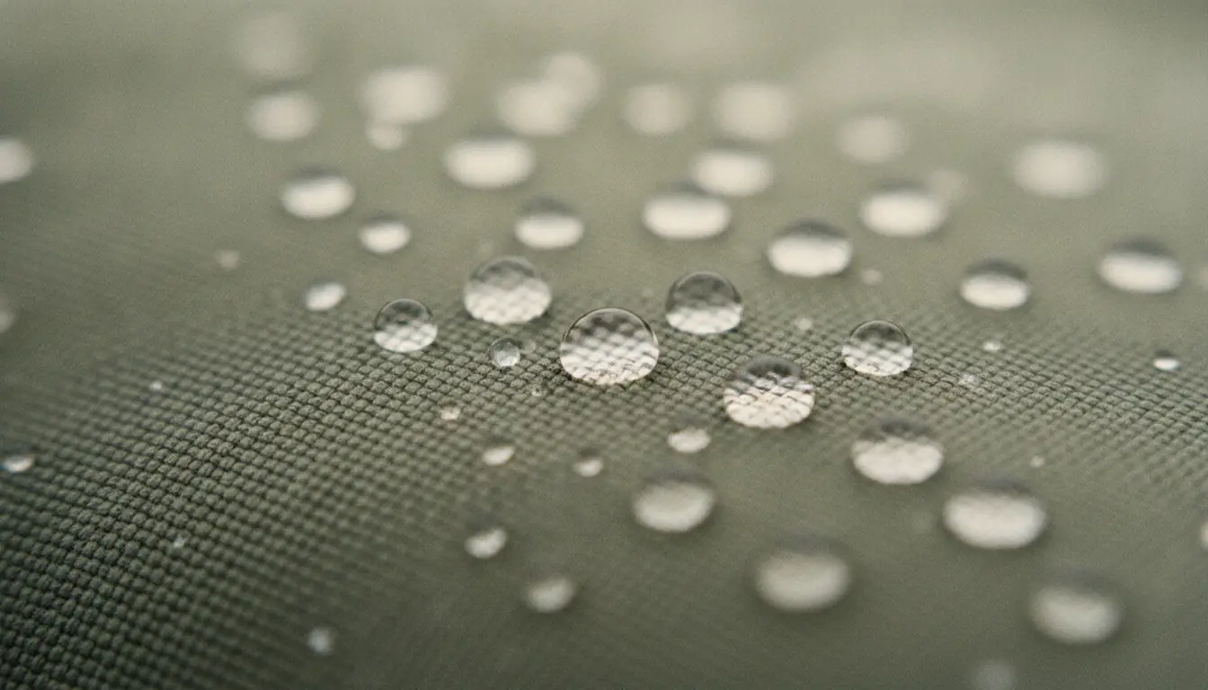 Macro view of rainwater beaded into round droplets on taut olive ripstop shell fabric, the woven grid visible beneath