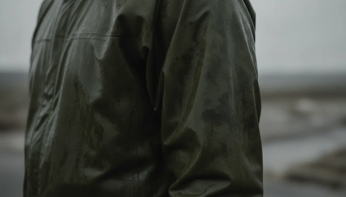 A rain shell shoulder and sleeve gone dark and patchy with water, the surface soaked flat instead of beading