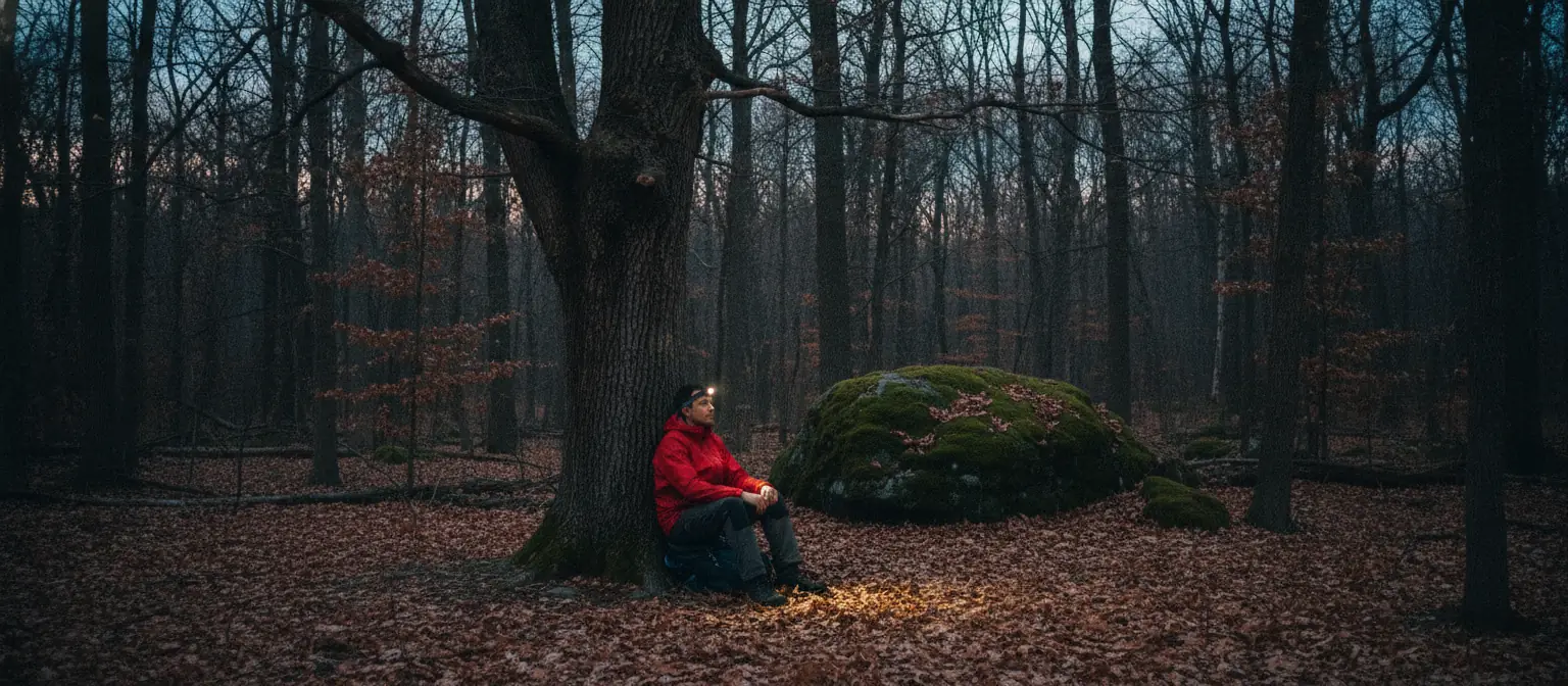 A hiker in a red rain shell sits on a pack at the base of a large oak in a dim autumn forest just after sunset, headlamp lit, waiting beside a mossy boulder