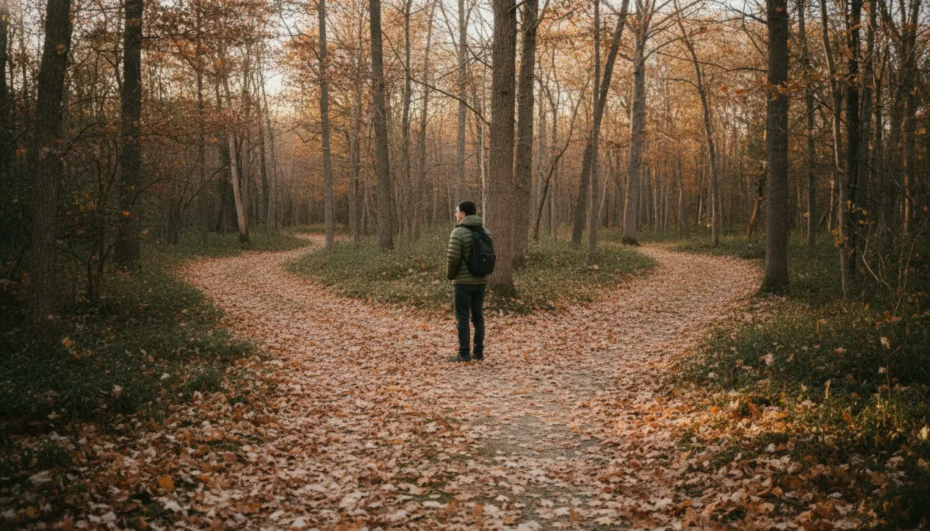 A lone hiker in an olive jacket stands still where a leaf-covered footpath forks in two through an autumn hardwood forest in low late-afternoon light