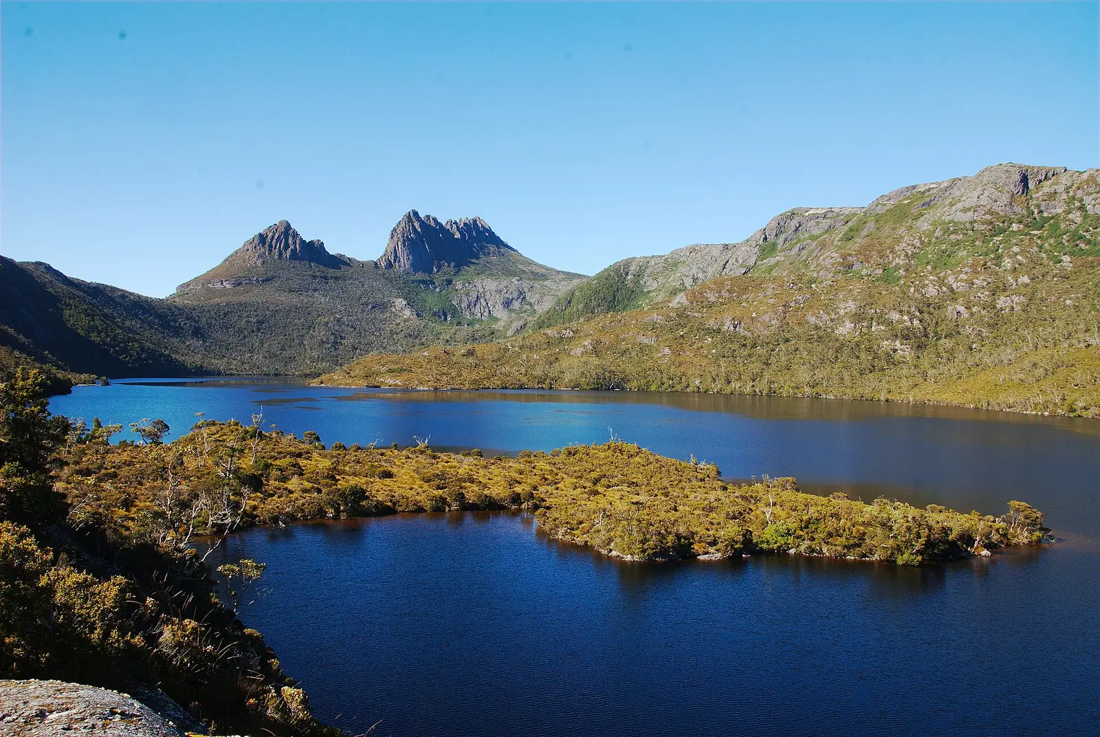 The serrated dolerite ridge of Cradle Mountain rising beyond the deep blue water of Dove Lake, with buttongrass and scrub in the foreground under a clear sky