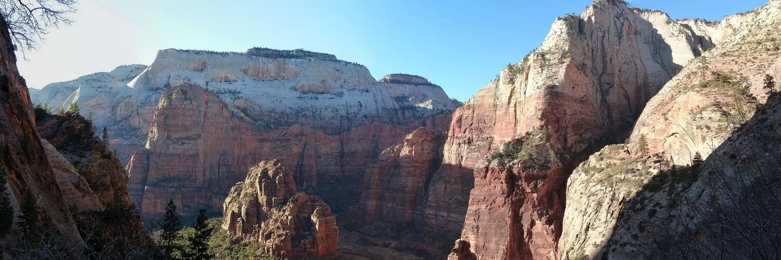 A wide view down Zion Canyon from high on its east rim, with white and red sandstone walls on both sides and the fin of Angels Landing standing in the middle of the canyon floor