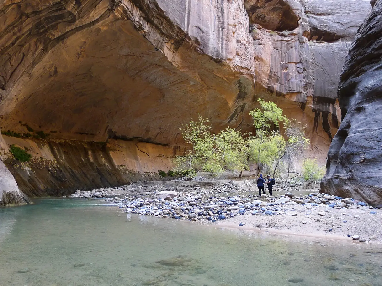 Two hikers standing on a gravel bar in The Narrows under an enormous curved sandstone alcove, with turquoise water in the foreground and small trees at the base of the wall