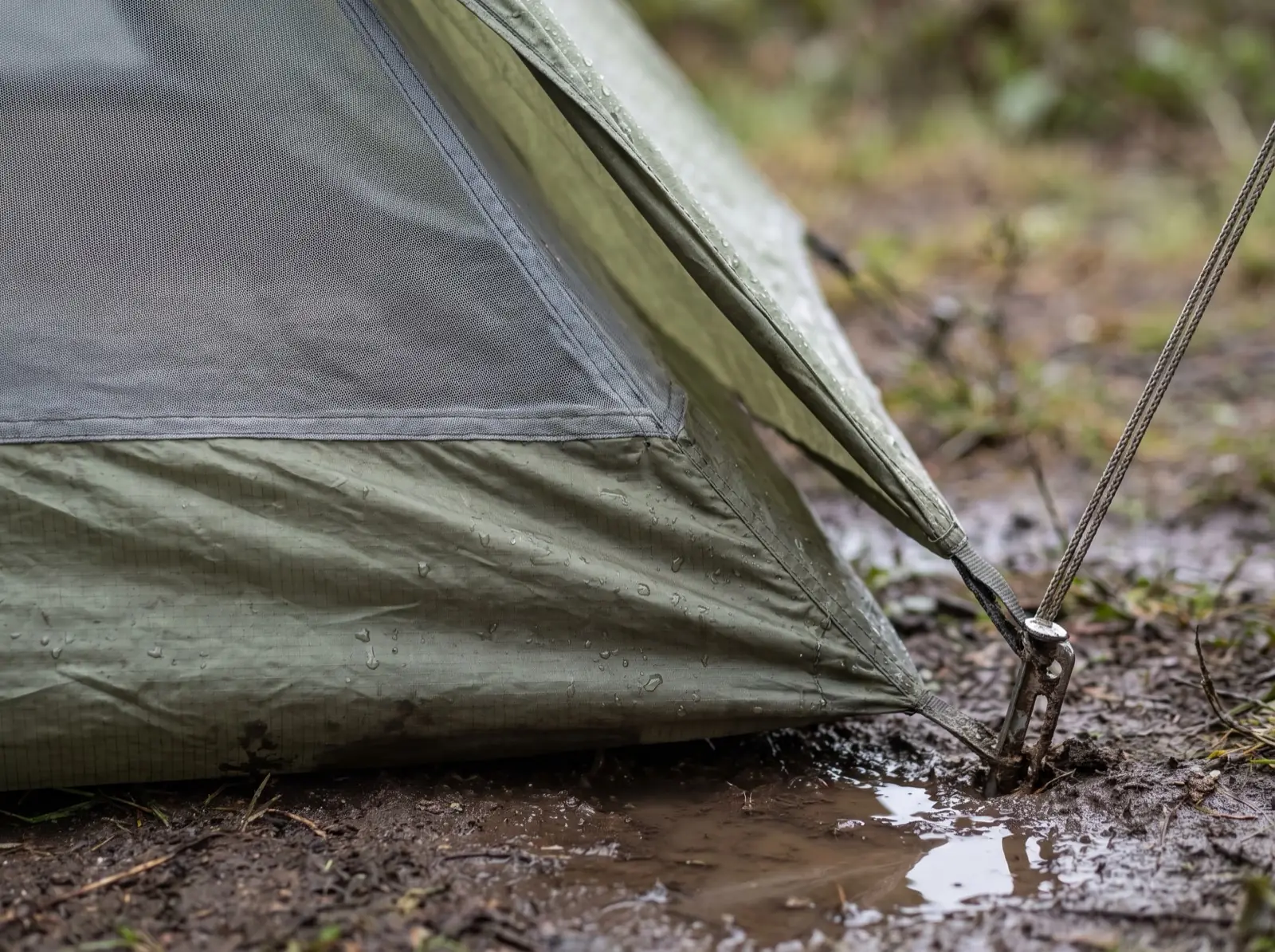The corner of a pitched tent at ground level, the olive waterproof floor curving several inches up the side before meeting the gray mesh wall, with a puddle beside the stake.