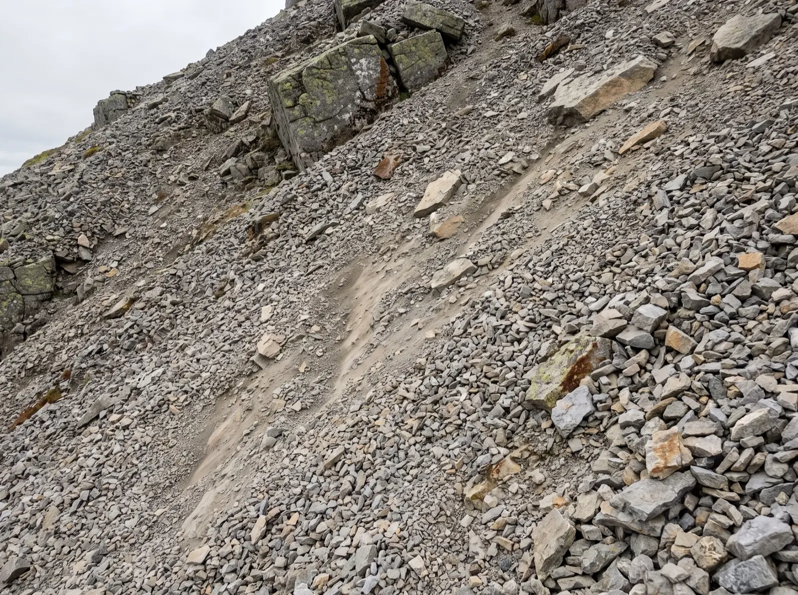 A steep slope of loose gray gravel and fist-sized angular rock, with a pale scuffed line where someone has descended through the fines.