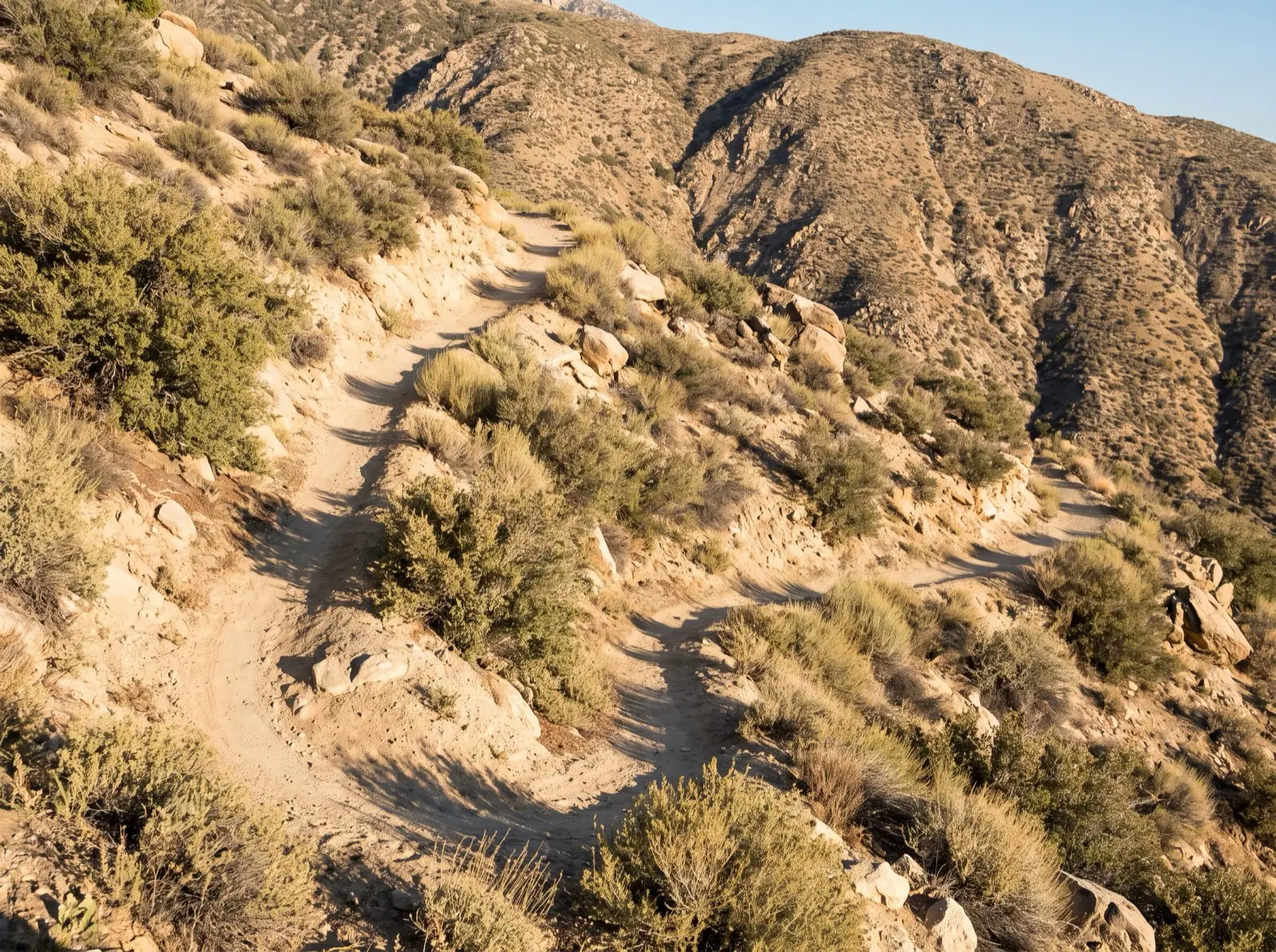 A narrow single-track hiking trail zigzagging up a steep chaparral hillside in four tight reversing turns stacked above one another.