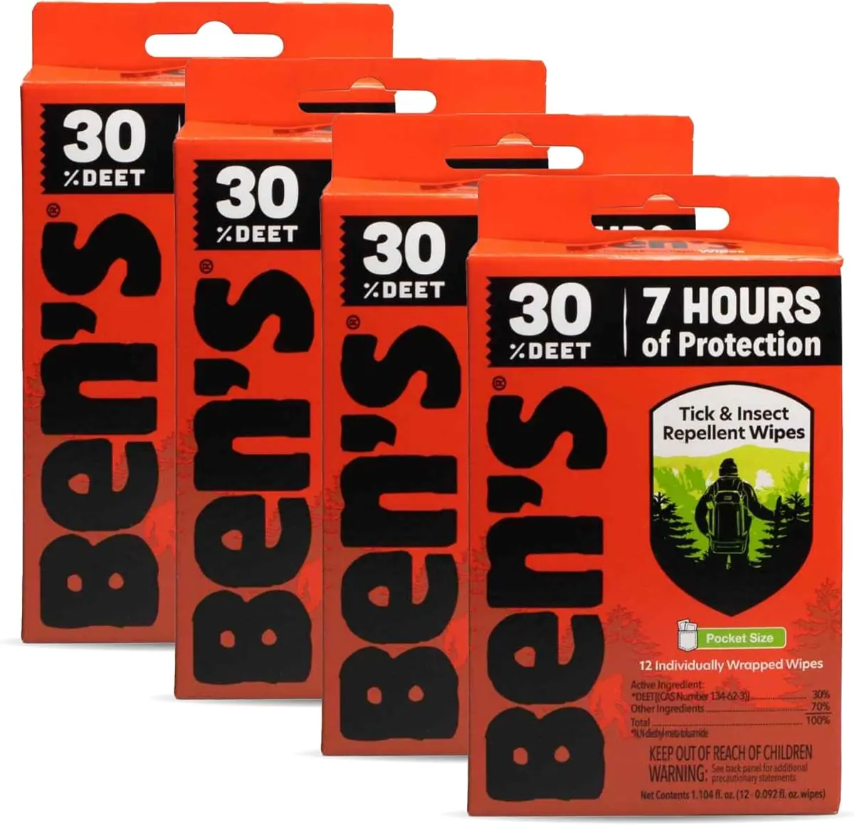 Ben's Tick & Insect Repellent Wipes, 30% DEET (4 Packs of 12)
